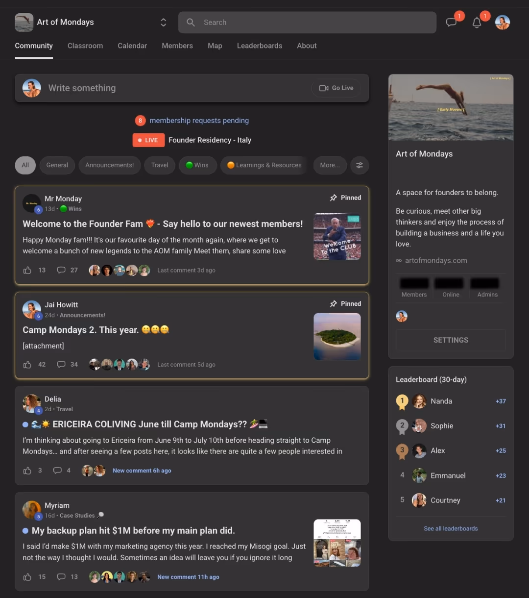 Founder Family community feed in the Private Hub