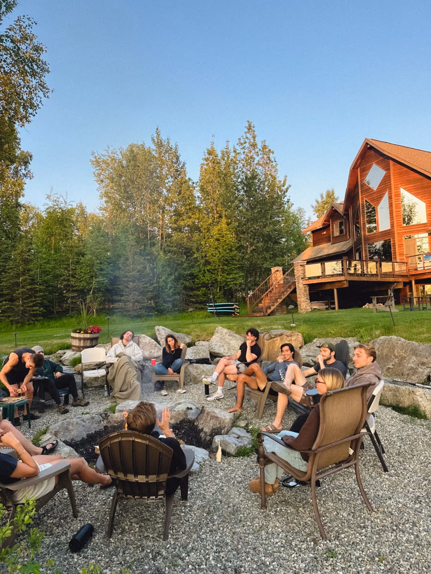 Fireside circle at the Alaska cabin